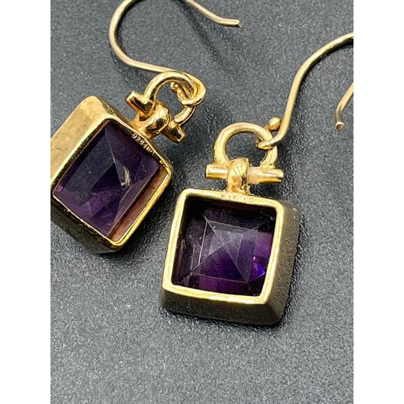 Sterling Silver Vermeil Designer IND Square Cut Bezel Set Amethyst Drop Earrings - Picture 8 of 8